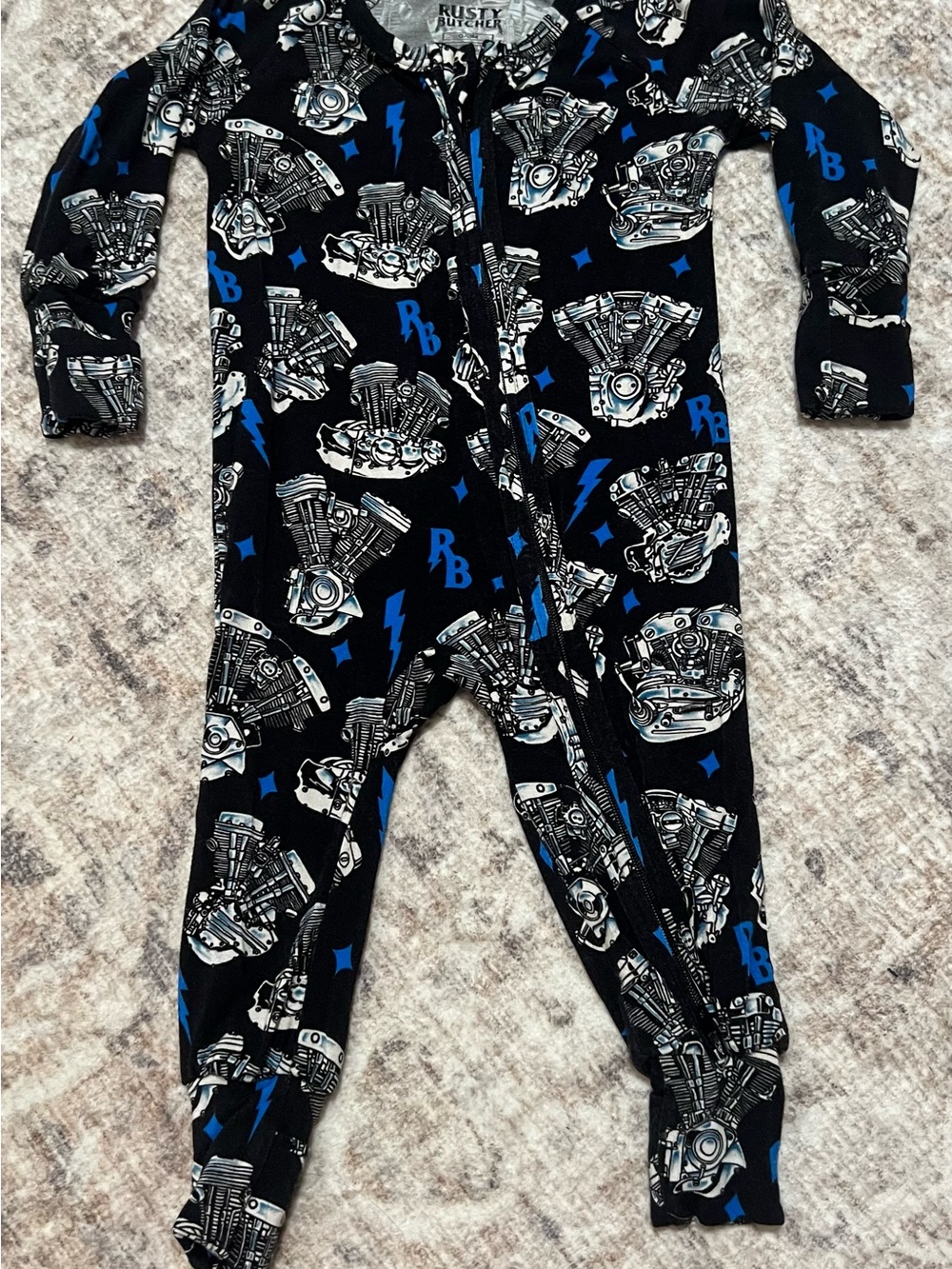 Rusty Baby Kids Black & Blue Engine Print One-Piece Pajamas